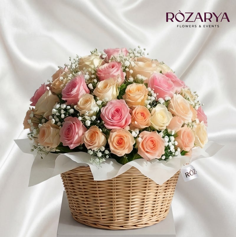 ورورد روزاريا Luxury Peach & Pink Rose Arrangement in Basket | Flower Display for Home Decor, Gifts & Events - Image 1
